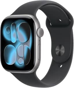 Apple Watch Series 11 GPS, Caixa em alumínio cinzento sideral de 46 mm com Bracelete desportiva preta - M/G