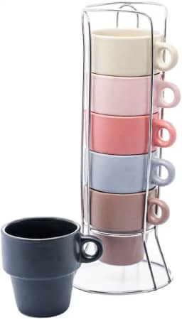 WOLFF - Conjunto 6 Xícaras de Café Empilháveis de Cerâmica com Suporte Coloridas 90ml