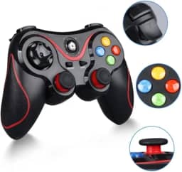 Controle Gamer Bluetooth V8 para Celular, Suporte para Smartphone, 2.4GHz, Bateria 400mAh, Preto e Vermelho