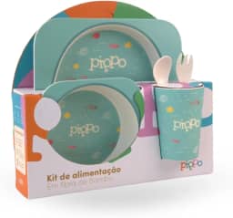 Kit Alimentação Prato Tijela Garfo Colher e Copo Infantil Bebe 5 Peças Em Fibra De Bambu Sem BPA | Pippo (Fundo do Mar)