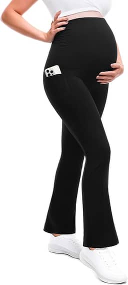 Calça legging flare para gestantes com bolsos sobre a barriga para exercícios físicos macios para gravidez