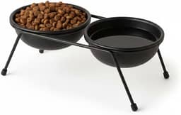 Comedouro Elevado Duplo Cães Gatos Pequenos Suporte Metálico Premium 25cm, 2 Tigelas 300ml Plástico Anti-Derrapante Ergonômico Previne Refluxo Artrite Preto Moderno