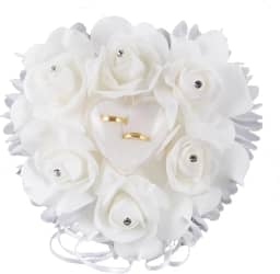 Aliança de casamento decoração de almofada com cetim com coração de cristal e strass, laço de renda flor anel suporte almofada caixa de diamantes pérola fita para festa de cerimônia de casamento na