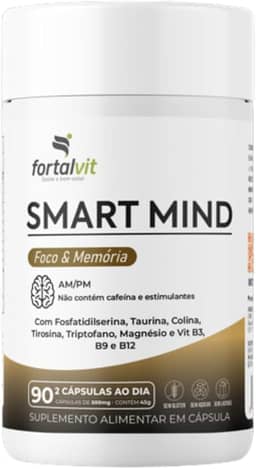 SMART MIND - Nootrópico 90 Cápsulas, Fosfatidilserina, Taurina, Colina, Tirosina, Triptofano, Magnésio e Vit B3, B9 e B12, Função Cognitiva, Fortalvit