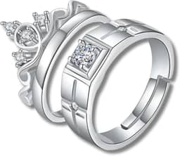 Par de Alianças de Compromisso em Aço Inoxidável Banhado a Prata Unissex Ajustáveis King and Queen – Acompanha Bolsa de Veludo