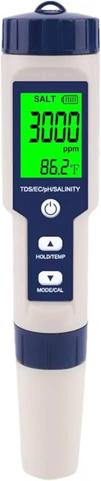 Medidor Digital De Qualidade Da Água - 5 em 1 pH, SALT, TDS, EC e TEMP - À Prova D'Água IP67 com Retroiluminação - Medidor Digital Condutivimetro Para Uso Doméstico E Profissional