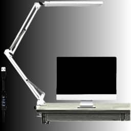 Luminária de mesa LED com braço articulado(articulável) e braçadeira, 3 modos de brilho de iluminação, Lâmpadas de mesa de leitura para escritório, rotação de 360°, Estudos com clip Premium (Branca)