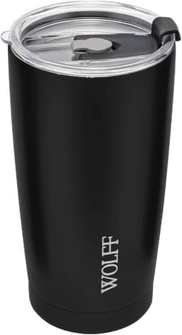 WOLFF - Copo Térmico de Aço Inox Parede Dupla Com Tampa 600ml Preto - Para Viagem - Mantém a Bebida na Temperatura Ideal