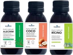 Kit Óleos Capilares Naturais, Rícino, Coco e Alecrim, 60ml cada, Fortalecimento e Hidratação Profunda
