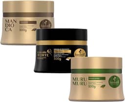 Kit Cronograma Capilar para Cabelos Ressecados Máscara Mandioca Hidratação, Cavalo Forte Reconstrução, Murumuru Nutrição