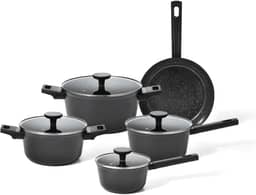 Oikos - Jogo Panelas Antiaderente Cerâmico 5 Peças para Fogão por Indução, a Gás, Elétrico e Vitrocerâmico Cor Preta Mou Chia