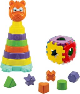 Kendy KIT Brinquedo Urso mais Cubo Educativo, com 1 Cubo Baby com 6 formas geométricas e 1 Urso com 6 anéis coloridos