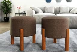 PC Móveis – Kit 2 Puff Redondo Luxo Decorativo em Linho ou Suede – Sala, Quarto e Escritório (Linho, Marrom)