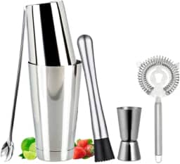 Coqueteleira Tipo Boston Premium 5 Itens Dosador Colher Socador Coador Strainer Inox Bartender (KIT C/5 ITENS COMPLETO BOSTON)