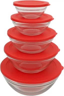 Conjunto 5 Potes de Vidro Redondo com Tampa Vermelha – Resistentes e Herméticos, Ideais para Armazenar Alimentos, Marmitas, Sobras, Freezer, Geladeira e Micro-ondas