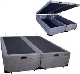 Cama Báu Box Base King Size Bipartido Suede Cinza, RC. 203x193 com Pistão a Gás.