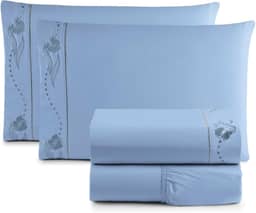 Jogo de Cama Lençol Queen Bordado Imperial Realeza 4 Peças 200 Fios Percal 100% Algodão (AZUL)