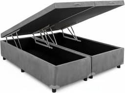 Cama Box Baú Queen Bipartido 79, Blindado, Pistão á Gás, Pés de Madeira (Suede, Cinza)