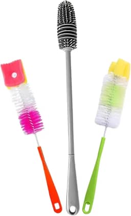SYMEON Kit 3 Escovas Lavar Louça Copo Mamadeira Garrafa Silicone Remove a Sujeira Sem Riscar