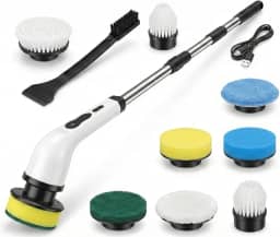 Mop Esfregão Elétrico 9 em 1 Recarregável – Escova Giratória 360°, Cabo Extensível 70–110cm, Kit com 9 Acessórios para Limpeza Pesada, Banheiro, Cozinha, Vidros e Rejuntes