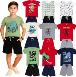 Kit Sortido 10 Peças de Roupas Infantil Menino Kit 5 Conjuntos Infantil (5 Camiseta + 5 Shorts)