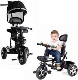 Triciclo Infantil Bebê Baby Style 2 em 1 com Assento Giratório 360°, Capota Removível e Haste de Empurrar – Certificado INMETRO (Preto)