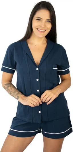 Pijama Algodão Feminino Curto Americano Manga Curta com Botão Botões Verão Adulto indicado Gestante Amamentação e Pós cirúgico - Marinho