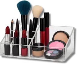 Organizador de Maquiagem Acrílico com 9 Divisórias + 1 Compartimento Maior – Porta Cosméticos para Batons, Pincéis, Sombras e Maquiagens – Transparente - THREE BROTHERS
