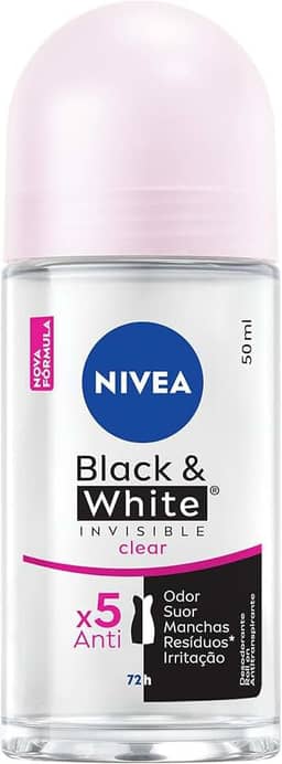 NIVEA Desodorante Antitranspirante Roll On Invisible Black & White Clear 50ml - Proteção prolongada de 48h, cuidado suave, ação antibacteriana, fórmula 5 em 1: anti-manchas, anti-odor