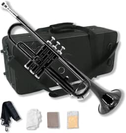 Conjunto de trompete estudantil para iniciantes, instrumentos de trompete de latão, plano B, com bocal 7C, pano de limpeza, luvas e estojo de transporte rígido (preto)