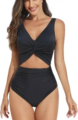 Maiô feminino com frente torcida e controle de barriga, cintura alta, gola V