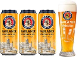 Kit 3 Cervejas Alemã Paulaner Munchner Hell Importado Lata 500ml + Copo Prost