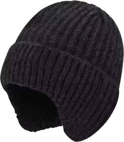 Gorro de malha térmica com abas de orelha para homens – Chapéu de inverno grosso à prova de vento para clima frio, boné forrado com lã quente para atividades ao ar livre, preto