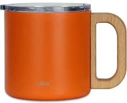 LUMAI Caneca Térmica Vietnã 350ml Aço Inoxidável, Parede Dupla Isolada a Vácuo, Mantém Bebidas Quentes ou Frias por Horas, Tampa Vedada Antivazamento, Alça de Madeira – Laranja