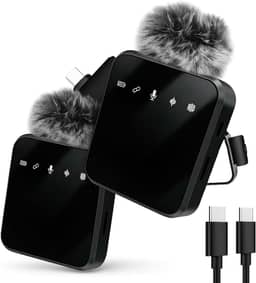 Microfone de Lapela Duplo Sem Fio USB-C – Áudio Profissional Estéreo, Redução de Ruídos– Ideal para Entrevistas, Vídeos, Aulas Online e Podcasts TikTok
