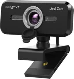 Creative Webcam Live Sync 1080p V2 Full HD USB grande angular com silenciamento automático e cancelamento de ruído para chamadas de vídeo, microfone embutido duplo melhorado, tampa de lente de