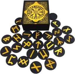 Caixa de Runas Nordicas Preta, 25 Peças com Símbolos Dourados, Conjunto de Runas Místicas Viking para Adivinhação