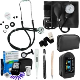Kit Enfermagem Completo Preto Estetoscópio Esfigmomanômetro Oximetro Glicosímetro Garrote Termometro, Lanterna Clínica, Relógio Lapela + Caneta de Osso