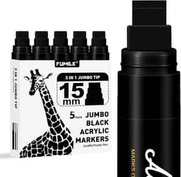 FUMILE 5 marcadores de pôster jumbo preto, marcadores de tinta acrílica grossa de ponta de 15 mm de largura, marcadores de grafite preto para pôster, vidro, pintura rupestre, cerâmica, madeira, murais