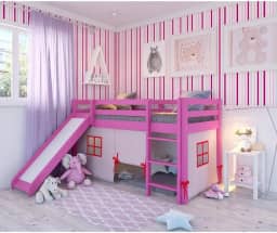 Cama Alta Kids com Escorregador e Tenda em Madeira Maciça/mdf Rosa