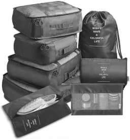 Kit Organizador de Mala para Viagem 8 Peças – Bolsas Organizadoras de Roupas, Calçados e Acessórios | Facilite sua Viagem com Praticidade (Preto)