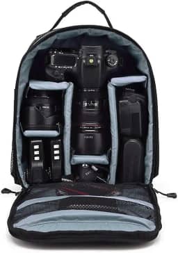 Mochila Fotográfica Impermeável Compacta para Câmeras DSLR e Mirrorless - Cor Preta e Cinza