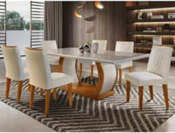 Conjunto Sala de Jantar Mesa Luanda 180x80cmtampo Vidro/mdf Canto Reto com 6 Cadeiras Luanda Rufato Off White/imbuia