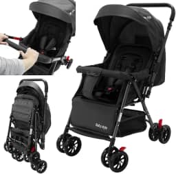 Carrinho de Bebê Reversível Passeio Runner até 15kg com Capota Retratil Reclinável Bandeja Cesto 4 Rodas Travas Cinto 5 Pontos e INMETRO (Preto)