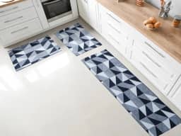 Jogo Tapete e Passadeira para cozinha Antiderrapante em Jacquard - 1,30x0,45m e 65x45cm (Triângulos Azul)