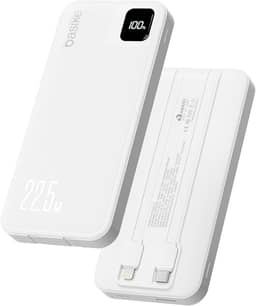 Basike Power Bank, Carregador Portátil Universal 10000mAh, USB-A(até 22.5W)+USB-C(até 20W), com 2 Cabos Integrados (USB-C, Lightning) Carregamento Rápido, Led Indicador de Bateria (Branco)