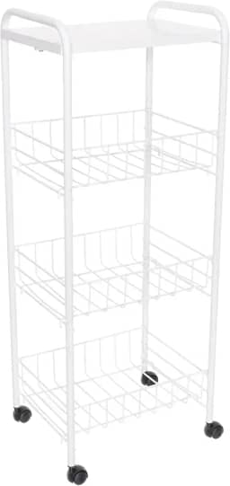 Fruteira de Chão 3 Cestos com Tampo de Madeira e Rodas, Cor Branco, Metaltru