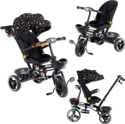Triciclo Carrinho de Passeio 2 em 1 Infantil Multifuncional Luxo Som e Luz Assento Giratório 360° com Cinto de Segurança Capota Solar Twist Cesto 50kg Haste Empurrador Rodas de EVA INMETRO (Preto)