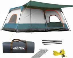 JOYFOX Barraca Grande para 8-12 Pessoas 380x260x195cm com 3 Portas, Toldo Frontal, Alta Ventilação e Estrutura Manual – Ideal para Camping em Família
