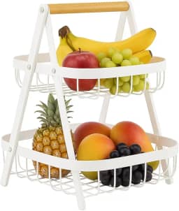 Fruteira de Mesa 2 Andares de Metal com Alça de Bambu – Cesta Organizadora de Frutas Decorativa para Cozinha e Sala